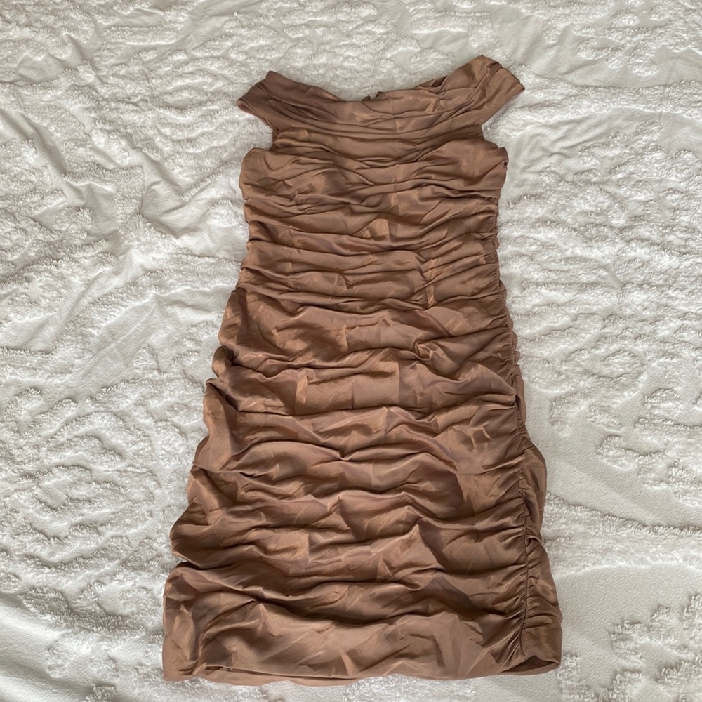 Cachet Ruched Bronze Knee Length Form Fitted Evening Dress